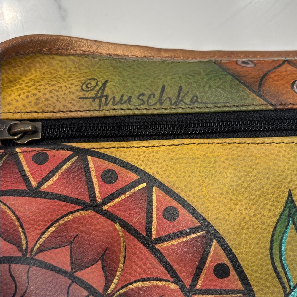 ANUSCHKA genuine leather flap shoulder bag hand painted colorful artsy brown - Picture 5 of 16